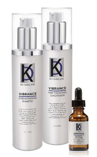 KD Vibrace Strengthening Shampoo, Vibrance Hair Thickening Conditioner, and Vibrance Regrowth Serum Bottles
